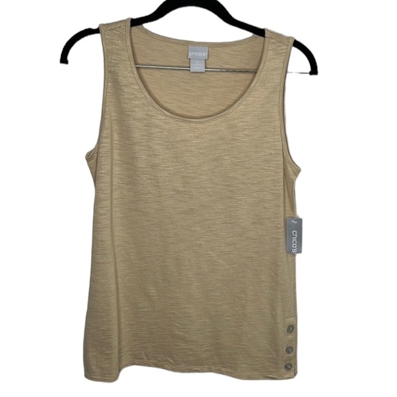 NWT Chico's Gold Cotton Slub Foil Side Button Tank Women's Size 0 / S - Picture 1 of 5